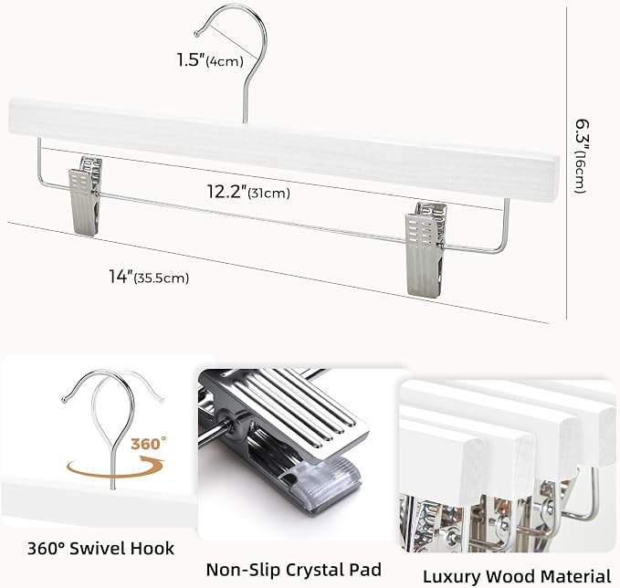 HOUSE DAY Wooden Pants Hangers with Clips, 25 Pack Skirt Hangers, White | 14-Inch Wood Hangers with Adjustable Non-Slip Metal Clips & 360° Swivel Hooks, Heavy Duty for Jeans, Slacks, Trousers, Shorts - Image 2