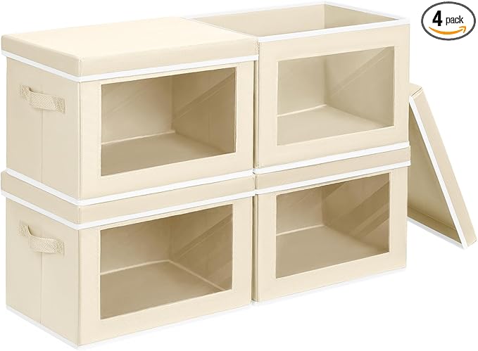 Storage Boxes with Lids - 4 Pack Fabric Clear Window Storage Bins, Large Decorative Storage Bins with Handles, Linen Closet Organizer for Clothes, Towel, Blanket, Beige by Homsorout