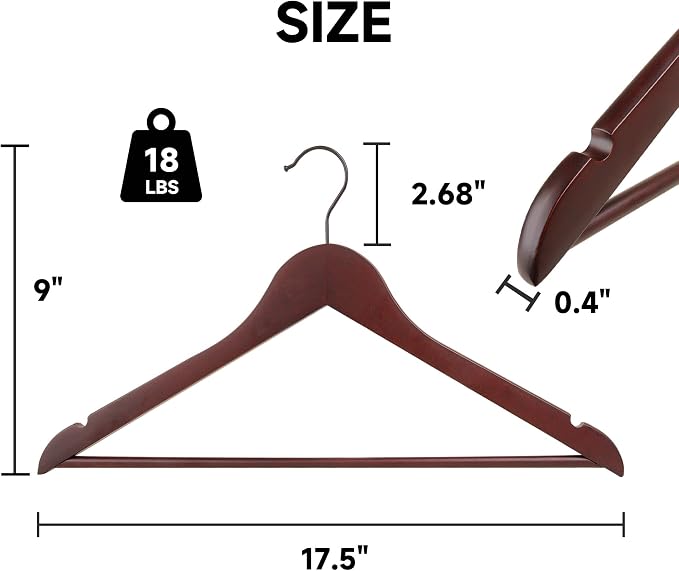 Wooden Clothes Hangers with Pants Bars, Mahogany, 96-Pack | Heavy Duty Solid Wood Suit & Coat Hangers with Swivel Hook & Shoulder Notches, for Shirts, Jackets, Dresses & Trousers - Image 2