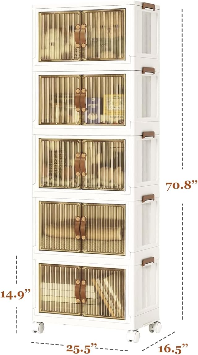 5 Tier Plastic Stackable Storage Bins and Boxes Organizer, Foldable Containers, Stackable Closet Organizers, Collapsible Boxes, White (5 Tier, 25.8″) - Image 3