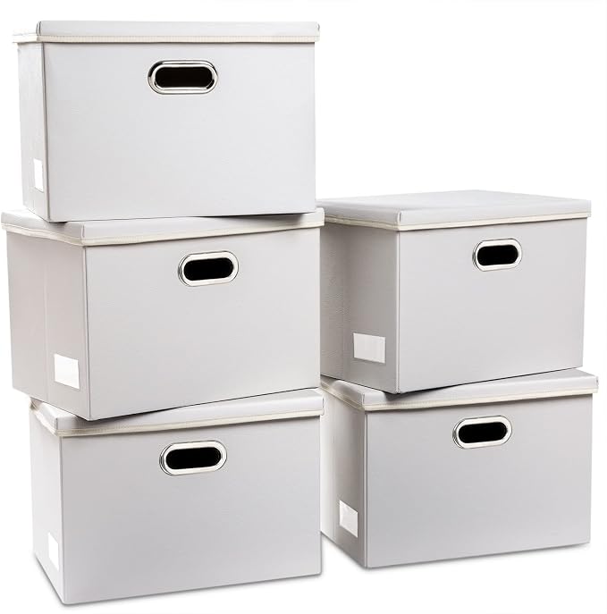 Large Stackable Storage Bins with Lids [5-Pack] Leather Fabric Foldable Storage Boxes Organizer Containers Baskets Cube with Cover for Bedroom Closet Office Nursery White (17.7x11.8x11.8) by Prandom