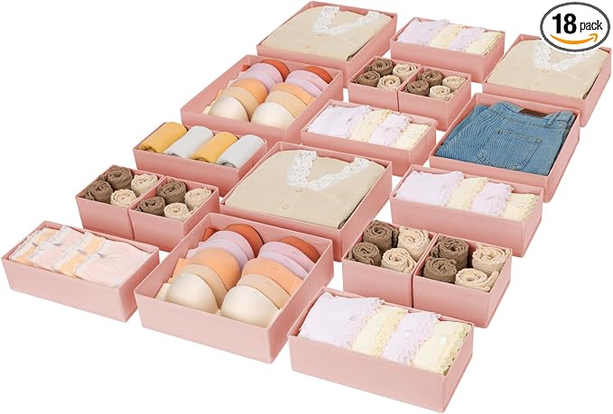 DIMJ Drawer Organizer for Clothing, 18 Pack Fabric Drawer Organizer Bins, Foldable Sock Organizer for Drawer, Dresser Organizer for Clothes, Socks, Bra, Tie by DiMJ