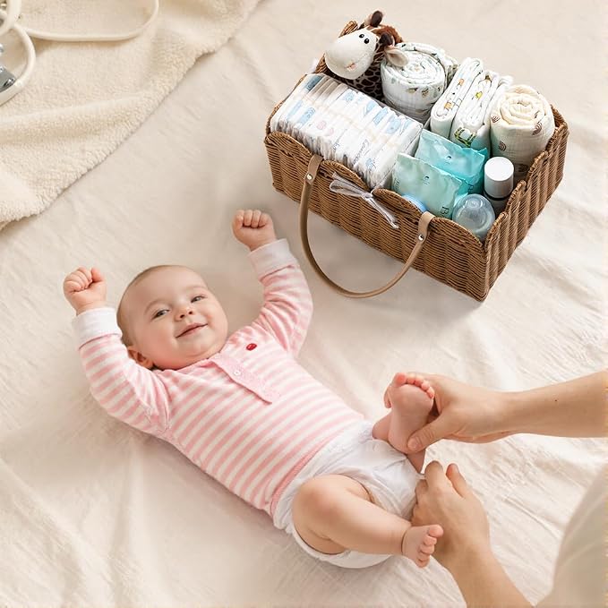 HBlife Baby Diaper Caddy Organizer, Large Portable Scalloped Plastic Wicker Woven Basket with Divider, Nursery Diaper Station, Baby Shower Gifts Basket, Car Organizer, Washable Waterproof - Image 6