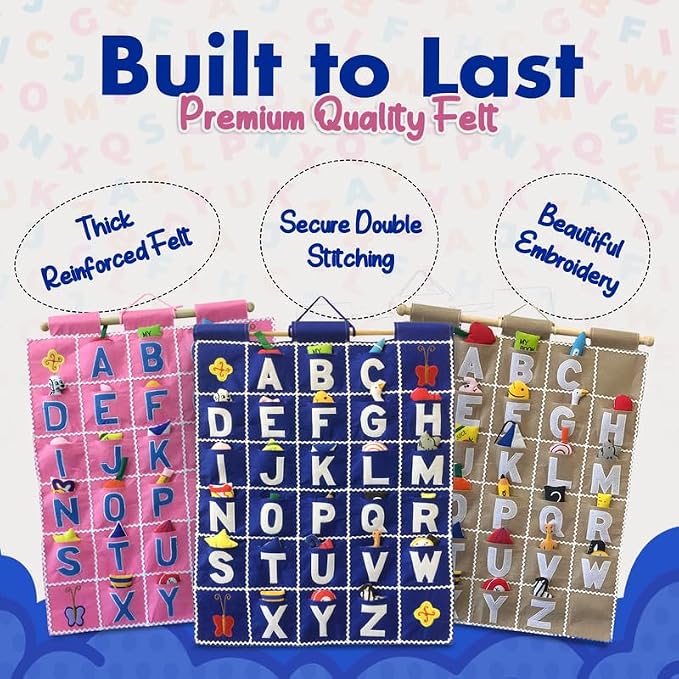 Pink ABC Felt Wall Hanging Chart - Early Education Alphabet Fabric Wall Décor for Children's Room | Engaging Educational Learning Art for Kids with Fabric Objects in Pocket - Image 3
