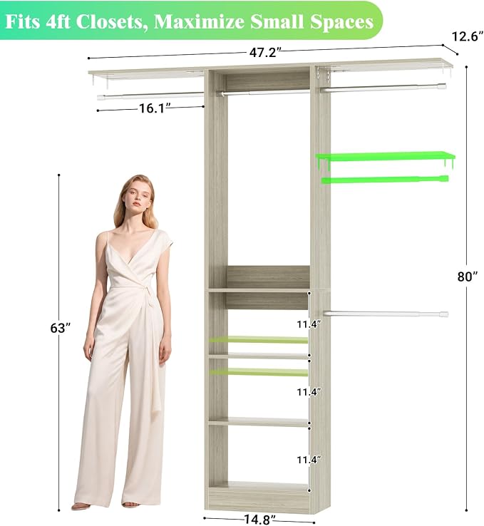 Besiost 4FT Small Closet Organizer System with 4 Hanging Rods & 3 Shelves | 48" Closet System for Small Closets, 80" H Small Closet Organizers and Storage for Bedrooms, Cloakrooms, White Oak - Image 2