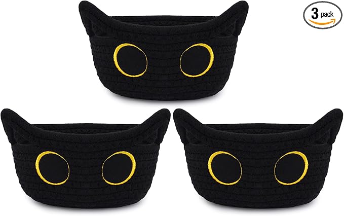 3 Pack Small Black Cat Storage Baskets for Organizing,Woven Mini Basket | Decorative Gift Basket,Nursery Shelves Rope Cotton Storage Bins for Gifts Empty, Mini Burr Baby Shower with Handles,7 IN by Hkojewp