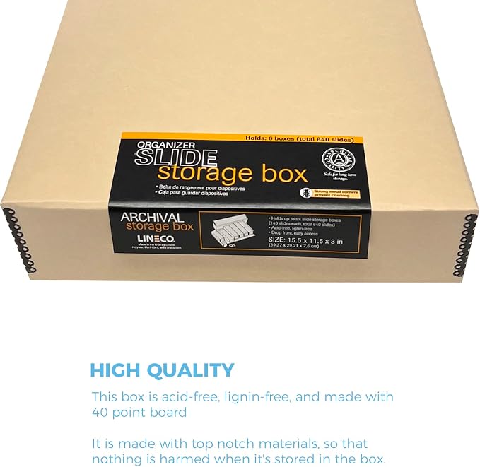 Lineco, Archival Slide Storage Box 15.5"x11.5"x3", with 6 Inner Cases, Tan | Acid-Free Metal Edge Organizer, Drop Front Design, Holds Up to 840 Slides, Films, Negatives, Photos and Cards - Image 4