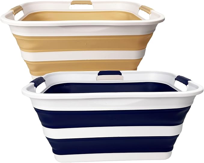 SAMMART 42 (11 Gallons) Collapsible Plastic Laundry Basket, Foldable Pop Up Storage Container/Organizer, Space Saving Hamper, Portable Bin for Dorm Room Bathroom (2, Starry Blue+Beige) by SAMMART