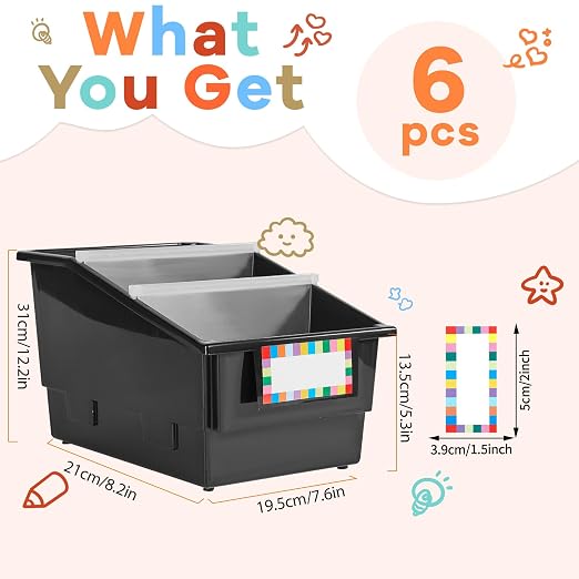 6 Pack Picture Book Bins with Dividers Plastic Book Holders with Labels Stackable Classroom Organization Bins Magazine File Binder Holder Storage Container for Classroom Library Home Office(Black) - Image 2
