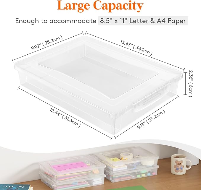 Lifewit 6 Pack Paper Organizer Storage, 12x9 Multi-Purpose Plastic File Box with Latching Lids, Containers for A4, Letter, Scrapbook, Document, Magazine, Art Supplies, Clear | Plastic File Container Fits 8.5" x 11" Letter& A4 Papers, Classroom Organiza... - Image 2