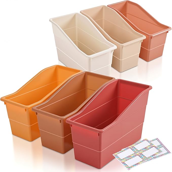 Blosssound 6 Set Book Bins for Classroom Stackable,Earth Tones | Plastic Baskets with Labels, Slanted Front, Library Supplies Organizers, Desktop Storage Bins, Teachers Home School Use by Blosssound
