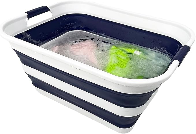 SAMMART Collapsible Plastic Laundry Basket with Handle/Foldable Pop Up Storage Hamper/Portable Laundry Organizer-Space Saving Washing Tub/Household Storage (White/Starry Blue, 42L) - Image 4