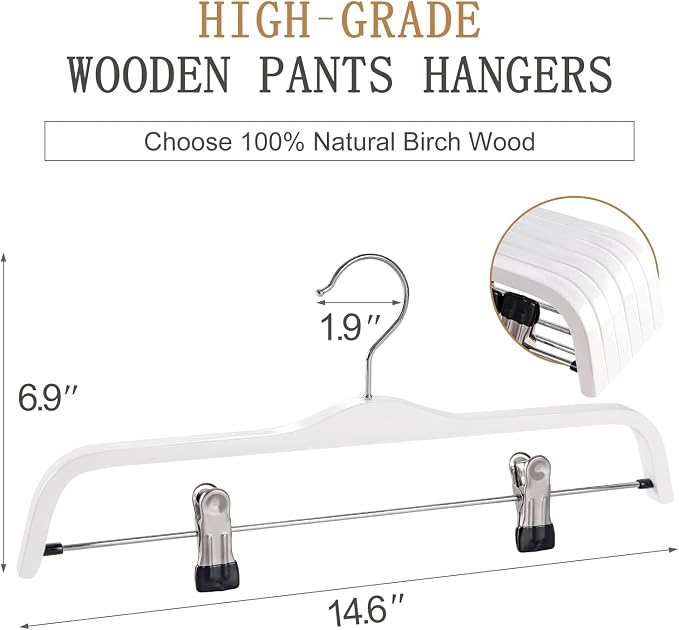 TOPIA HANGER Wooden Pants Hangers,Slim Natural Wood Skirt Hangers with Anti-Rust Hook and Adjustable Metal Clips, Perfect for Skirts,Pants,Slacks-10 Pack-CT17W - Image 2