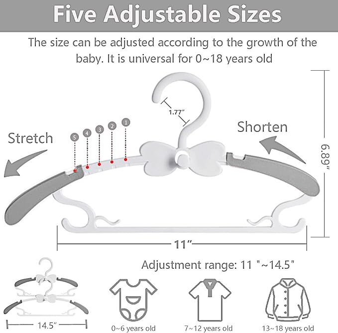 WJWSKI Kids Hangers for Closet, 30 Pack Baby Clothes Hanger, Adjustable Toddler Hangers for Boy Nursery, Cascading Plastic Perchas for Newborn Babies Children Infant, Space Saving Perchas Bebés, Grey - Image 2