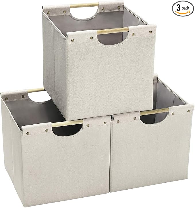 HOONEX Collapsible Storage Bins, 13x13x13in Storage Cubes Linen Fabric, 3 Pack, Storage Baskets with Wooden Carry Handles and Sturdy Heavy Cardboard, for Home, Office, Car, Nursery, Beige by HOONEX