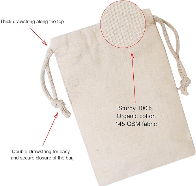 100Pcs 2 x 3 Inches Premium Cotton Muslin Double Drawstring Bags, Reusable Bag Natural Cotton Bags with Drawstring Produce Bags Bulk Gift Bag Jewelry Pouch for Party Wedding Home Storage - Image 2