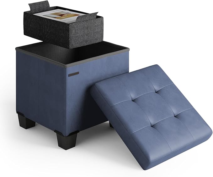 Storage Ottoman Cube with Small Bin, 15-in Square Ottoman with Storage for Living Room and Bedroom, Small Ottomans Foot Rest, Leather Foot Stools Ottomans Max 330lbs, Blue by STORAGEBUD
