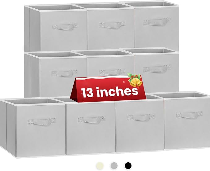 Large Storage Cubes, 13 Inch Cube Storage Bins for Shelves Closet Nursery Bedroom - 10 Pack Collapsible Storage Baskets with Handles - Fabric Bins for Organizing Magazines Clothes Toys (Grey) by Criusia