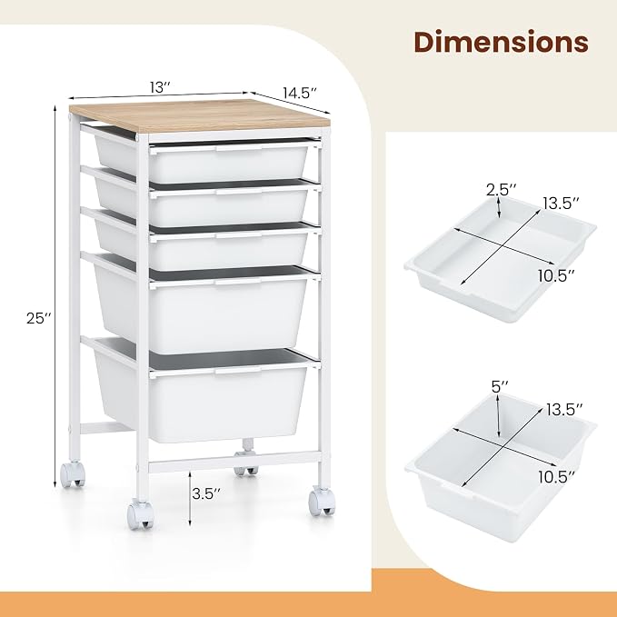 Giantex Rolling Storage Cart with 5 Drawers, Utility Cart w/Wooden Tabletop, Lockable Wheels, Multipurpose Organizer for Art Craft Books Paper, Drawer Carts for Dorm Classroom Office, White - Image 3
