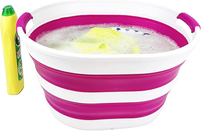 SAMMART 23L (6 Gallons) Collapsible Plastic Laundry Basket - Oval Tub/Basket - Foldable Storage Container/Organizer - Portable Washing Tub - Space Saving Laundry Hamper (White/Purple) - Image 6