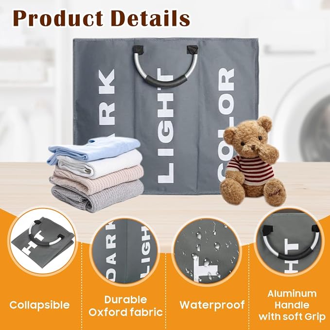 3 Section Laundry Basket Collapsible Laundry Hamper With Carry Handles Laundry Storage Washing Storage Bin (3 Section-Dark Grey) - Image 4