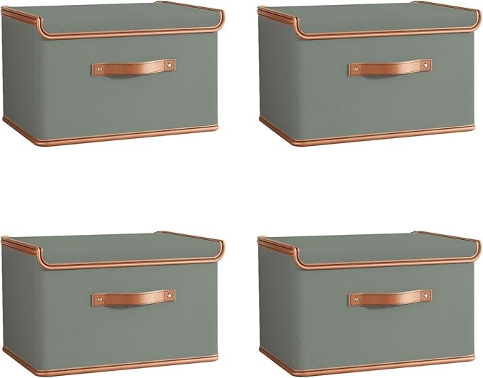 Tuza 4 Pack Storage Bins with Lids, Collapsible Closet Organizer Container, Fabric Organizer Box with Handles, Decorative Storage Boxes with Lids for Organizing Clothes, Blanket, Grey, Extra Large by LOVEWHEREYOULIVE