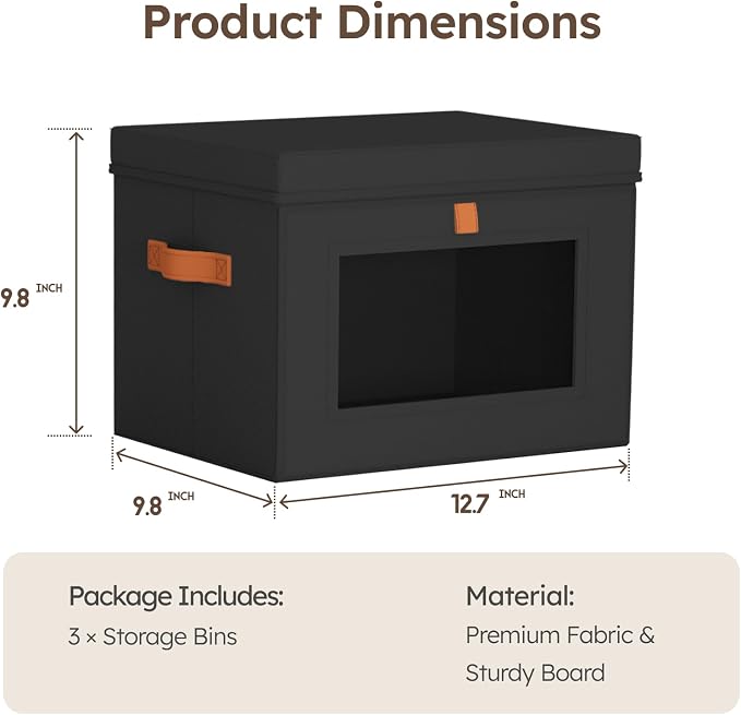Storage Bins with Lids - Front Opening Storage Box with Clear Window & Handles, Stackable Foldable Fabric Bins for Closet Organization, Clothes, Sweaters, Towels, Blankets, 3 Pack, Black - Image 8