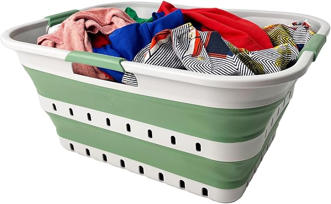 SAMMART 42 (11 Gallons) Collapsible Plastic Laundry Basket, Foldable Pop Up Storage Container/Organizer, Space Saving Hamper, Portable Bin for Dorm Room Bathroom (1, Grey/Dark Sea Green) by SAMMART