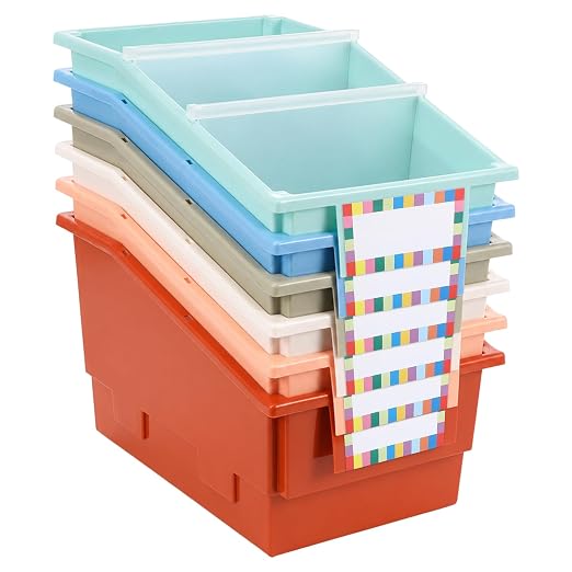 gisgfim 6 Pack Picture Book Bin with Dividers Classroom Library Book Bin Small Plastic Books Holders with Labels for Classroom Library Magazines Storage Organizer 13.5 x 8.75 x 7.75 in(Boho) by gisgfim