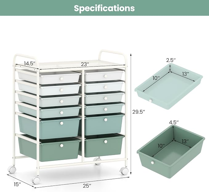 Giantex 12 Drawers Rolling Storage Cart, Classroom Organizers with Wheels for Tools Scrapbook Craft Paper Teacher Office School Supplies, Green Gradient - Image 3