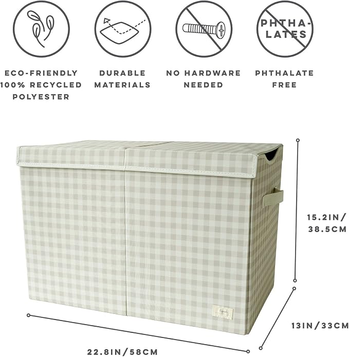 3 Sprouts Recycled Fabric Toy Chest, Extra Large, With Lid, Gingham Beige | Recycled fabric, Extra large storage box, Lid included, Collapsible, Sturdy toy bins, Kids bedroom or playroom, Lightweight - Image 2