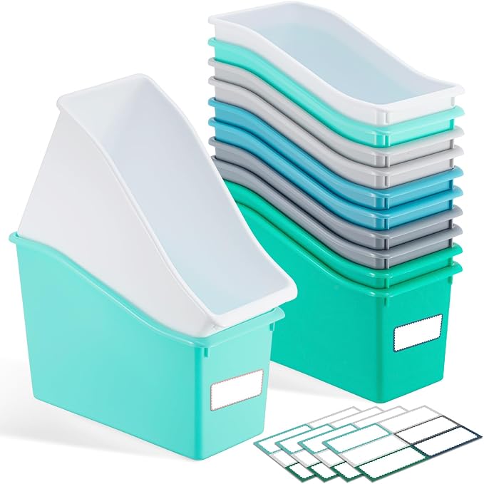 Geetery 24 Pcs Book Bin for Classroom with Labels Stackable Plastic Organizing Bins 11.5 x 5.4 x 7.5 in Book Holders Storage Bins Box Baskets for Classroom Library Home (Morandi Color) by Geetery