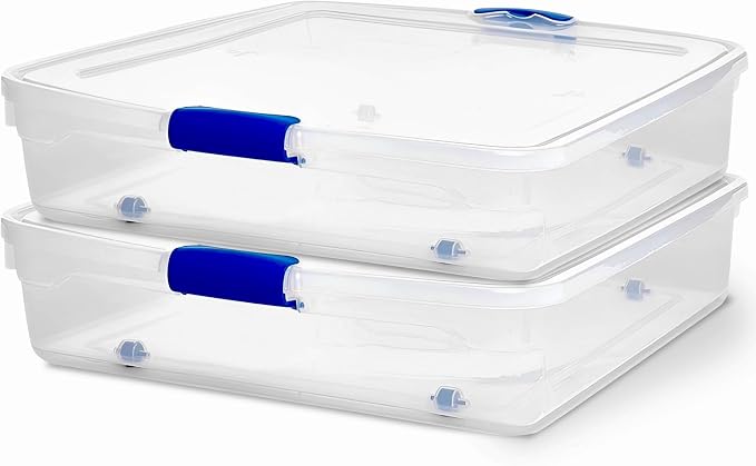 HOMZ 2-Pack Under Bed Storage, Clear Plastic Containers with Lids, 56 Quart, Blue Latch - Stackable Underbed Organizer Bins for Shoes, Bags, Clothes, and Towels by Homz
