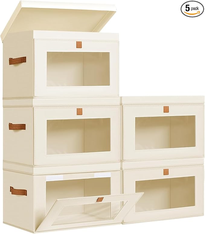 DIMJ Storage Bins with Lids - 5 Pack Large Fabric Closet Organizer with Window & Handles, Collapsible Decorative Storage Boxes for Shelves Under Bed, Books Clothes Blankets Sweaters Organization by DiMJ