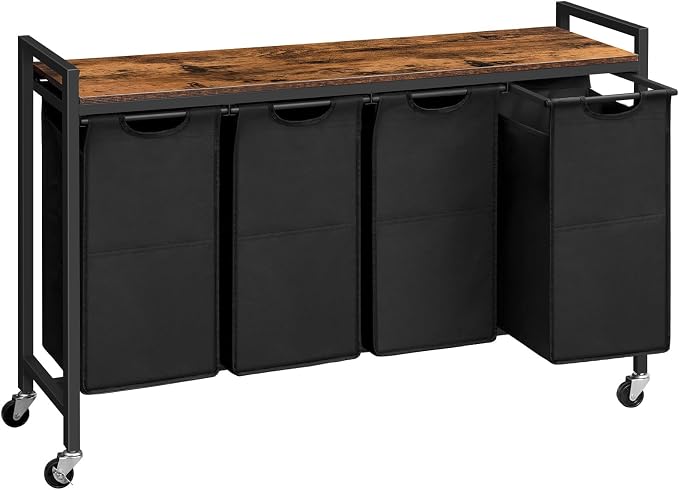 HOOBRO Laundry Sorter 4 Sections, Laundry Hamper with Wheels, 4 × 10.5 Gal (40 L), Rolling Laundry Basket, Pull-Out and Removable Oxford Fabric Bags, Rustic Brown and Black BF04XY01 by HOOBRO