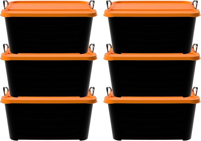 Life Story 6 Pack Heavy Duty Stackable Storage Bin, 55 Quart Home Organizer, Versatile Lightweight Locking Bins with Carrying Handles, Black/Orange by LifeStory