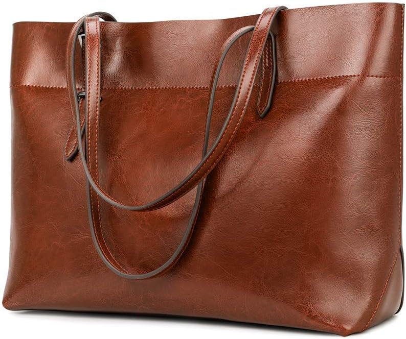 Kattee Vintage Genuine Leather Tote Shoulder Bag for Women | Genuine leather tote with adjustable straps, 7 pockets, and room for a 14-inch laptop, ideal for work and travel. by Kattee