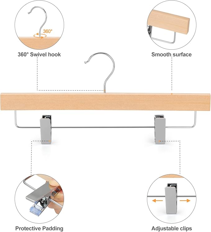 TOPIA HANGER Lotus Wood Pants Hangers, Unfinished Wooden Skirt Short Jeans Trouser Hanger with 360° Swivel Hook Anti Rust 2 Adjustable Clips, 20 Pack, CT10PN20 - Image 5