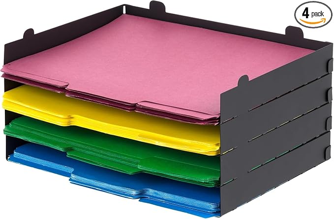 IRIS USA 4-Pack Stackable Metal Letter Tray Organizer, Black | Organize classroom papers, assignments and teaching materials with stackable trays for teachers, schools and educators by IRISUSA