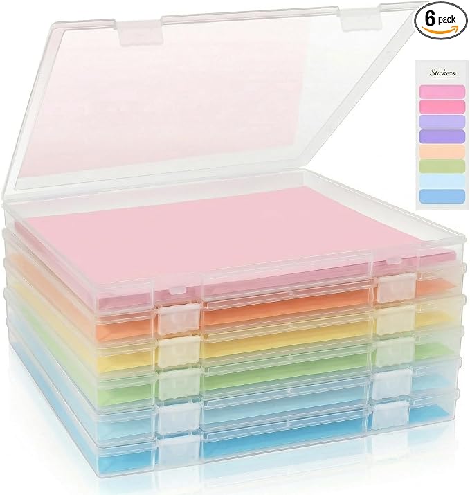 Scrapbook Paper Storage 12x12 Inch, 6 Pack Scrapbook Organizer with Secure Latch, Clear Stackable Plastic Paper Storage Box for File, Photo, Craft, Puzzle, Office Supply, Vinyl Sheet by FAAYUCK