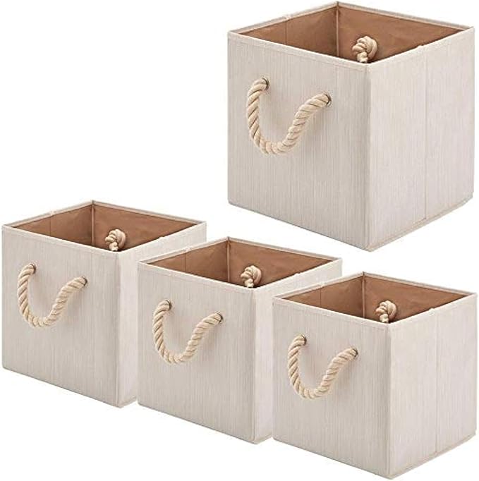 Foldable Bamboo Fabric Storage Bins [set of 4] with Cotton Rope Handles, Collapsible Organizer Boxes Basket - 10.5 x 10.5 x11 inch (Beige) by BeigeSwan