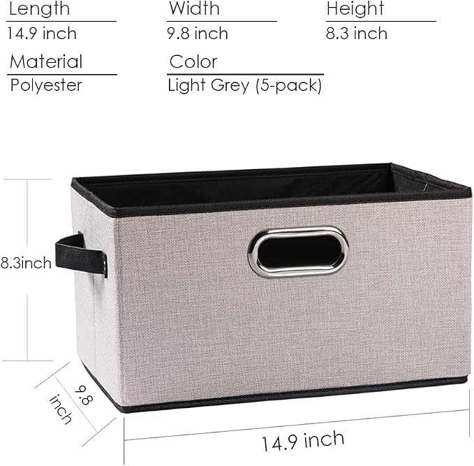 Large Fodable Storage Bins for Closet [5-pack] Decorative Linen Fabric Storage Bins Cubes with Leather/Metal Handles for Shelves Bedroom Living Room Light Grey (14.9x9.8x8.3 Inch) - Image 5