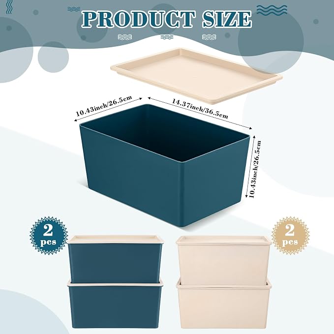 4 Pcs Storage Bins with Lids, Beige, Blue, Small | Plastic Stackable Organizing Containers, Heavy Duty Storage Boxes for Classroom Room Shelves, Christmas Ornaments Baskets - Image 2