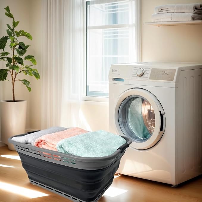 SAMMART 42L (11 Gallons) Collapsible Plastic Laundry Basket - Foldable Pop Up Storage Container/Organizer - Portable Washing Tub - Space Saving Hamper/Basket [BPA Free] (Grey/Black (Set of 2)) - Image 5