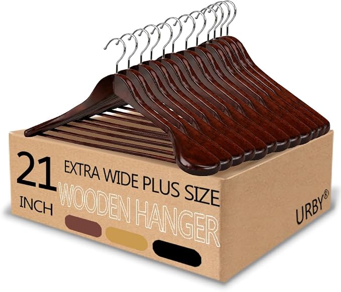 Urby 12pk 21 inch Wide Shoulder Wooden Hangers, Cherrywood Color | For Plus Size Cloth, No Shoulder Bump Design, Non Slip Pants Bar, For XXL Suit, Jackets, Heavy Cloths, Easy-to-Install Hook by Urby