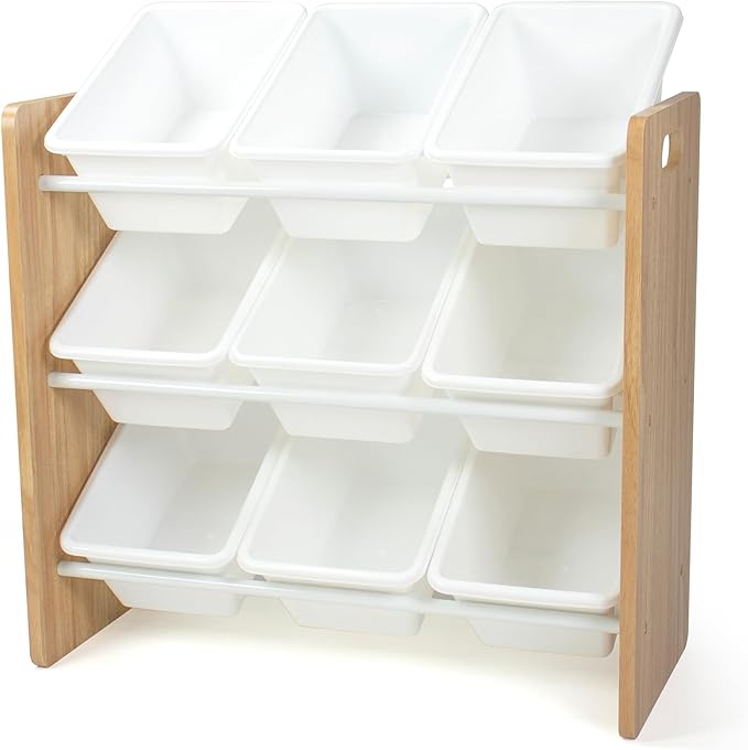 Humble Crew Kids Toy Organizer with 9 Bins, 3 Tier Storage for Playroom | Sturdy wood and steel toddler shelf, removable BPA-free containers, wall anchor anti-tip safety kit for bedroom or classroom by HumbleCrew