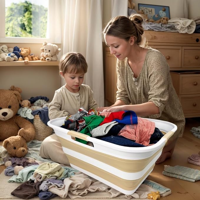 SAMMART 42 (11 Gallons) Collapsible Plastic Laundry Basket, Foldable Pop Up Storage Container/Organizer, Space Saving Hamper, Portable Bin for Dorm Room Bathroom (1, White/Beige) - Image 3