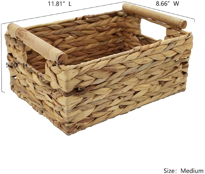 Natural Woven Water Hyacinth Storage Basket with Wood Handles, Medium | Rectangular wicker‑style bin, decorative accent, for shelves, bathroom, pantry, closet organization, countertop use - Image 2