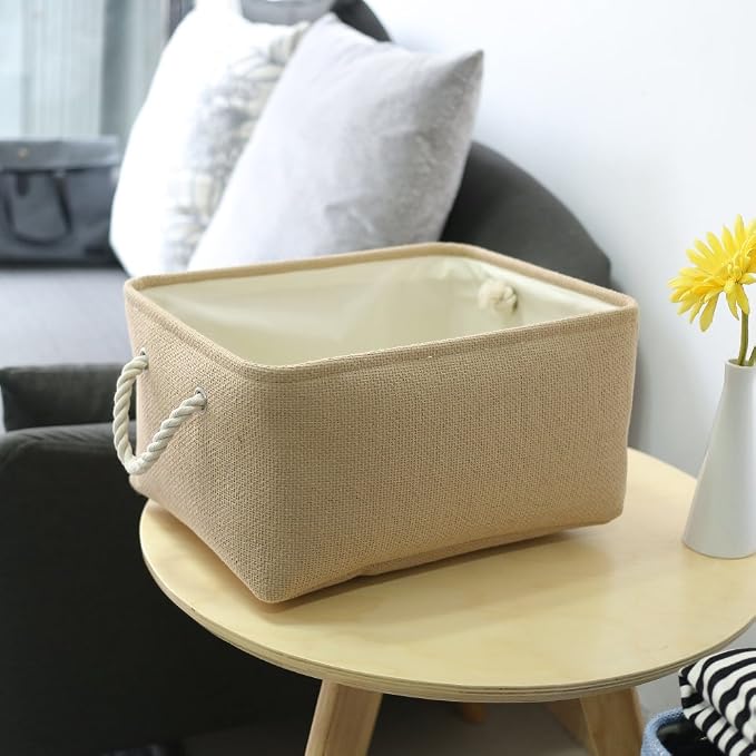Decorative Basket Rectangular Small Storage Basket Fabric Storage Bin Organizer Basket with Handles for Clothes Storage (Beige, 11.8L×7.9W×5.2H inch) - Image 2