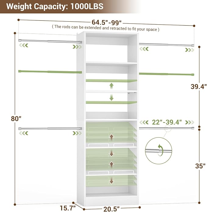 Unikito 4-8Ft Wood Closet Organizer System with Extendable Rods, White | Starter kit with tower and 4 hanging rods, walk-in closet wardrobe clothes rack with adjustable shelves, garment rack. - Image 7
